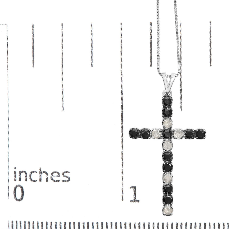 .925 Sterling Silver 2.0 Cttw Prong Set Round Natural Treated Black and White Diamond Cross Pendant Necklace - 18