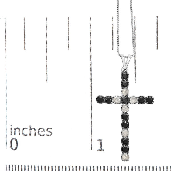 .925 Sterling Silver 2.0 Cttw Prong Set Round Natural Treated Black and White Diamond Cross Pendant Necklace - 18