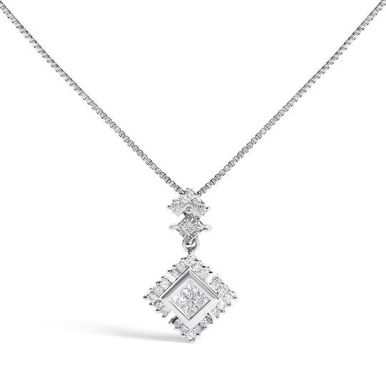 10K White Gold 1/2 Cttw Princess Cut Rhombus Drop Pendant Necklace-0