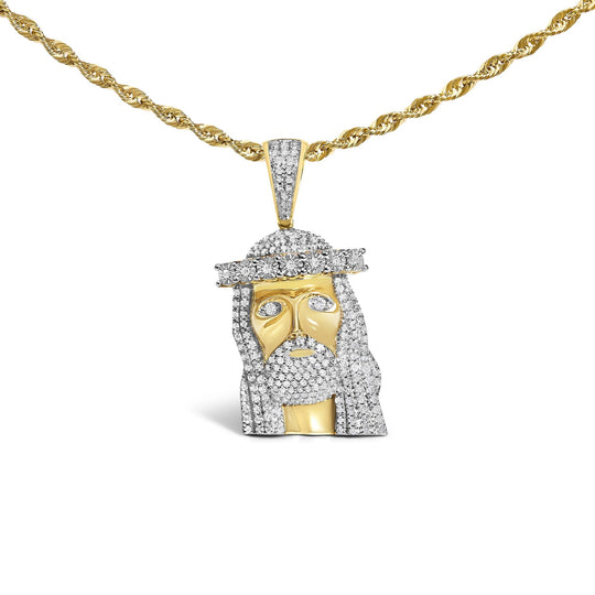 Men's 10K Yellow Gold 1 1/3 Cttw Diamond Studded Jesus Pendant Necklace-0