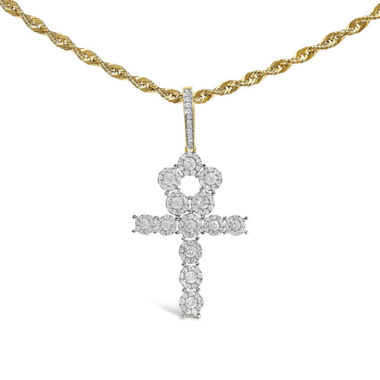Men's 10K Yellow Gold 1 3/4 Cttw Diamond Cluster Ankh Cross Pendant Necklace - 18" Inches-0