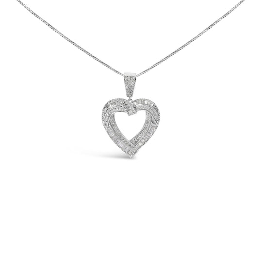 .925 Sterling Silver 1.00 Cttw Baguette and Round Diamond Open Heart Pendant Necklace-0