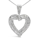 .925 Sterling Silver 1.00 Cttw Baguette and Round Diamond Open Heart Pendant Necklace-1 thumbnail 2