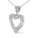 .925 Sterling Silver 1.00 Cttw Baguette and Round Diamond Open Heart Pendant Necklace-3 thumbnail 4