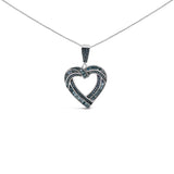 925 sterling silver open heart necklace with round and baguette blue diamonds thumbnail 1