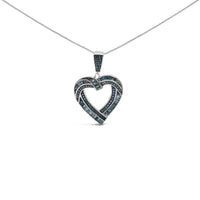 .925 Sterling Silver 1.00 Cttw Baguette and Round Blue Diamond Open Heart Pendant Necklace
