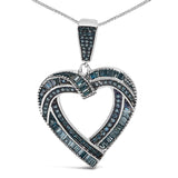 .925 Sterling Silver 1.00 Cttw Baguette and Round Blue Diamond Open Heart Pendant Necklace-1 thumbnail 2