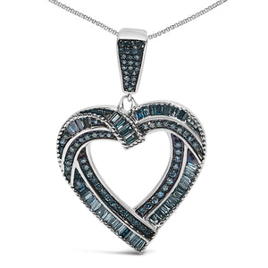 .925 Sterling Silver 1.00 Cttw Baguette and Round Blue Diamond Open Heart Pendant Necklace-1