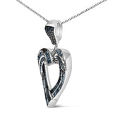 .925 Sterling Silver 1.00 Cttw Baguette and Round Blue Diamond Open Heart Pendant Necklace-3 thumbnail 4