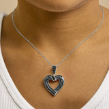 .925 Sterling Silver 1.00 Cttw Baguette and Round Blue Diamond Open Heart Pendant Necklace-2 thumbnail 3