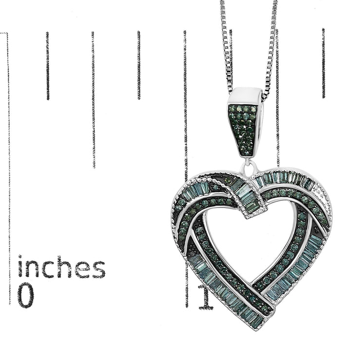 .925 Sterling Silver 1.00 Cttw Baguette and Round Blue Diamond Open Heart Pendant Necklace
