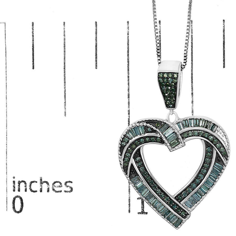 .925 Sterling Silver 1.00 Cttw Baguette and Round Blue Diamond Open Heart Pendant Necklace