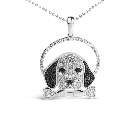 .925 Sterling Silver 1/4 Cttw White and Black Diamond Beagle Dog and Bone Pendant Necklace (I-J Color, I2-I3 Clarity) - 18" Inches-0