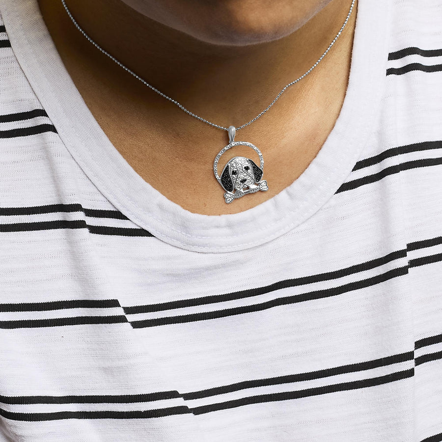 .925 Sterling Silver 1/4 Cttw White and Black Diamond Beagle Dog and Bone Pendant Necklace (I-J Color, I2-I3 Clarity) - 18