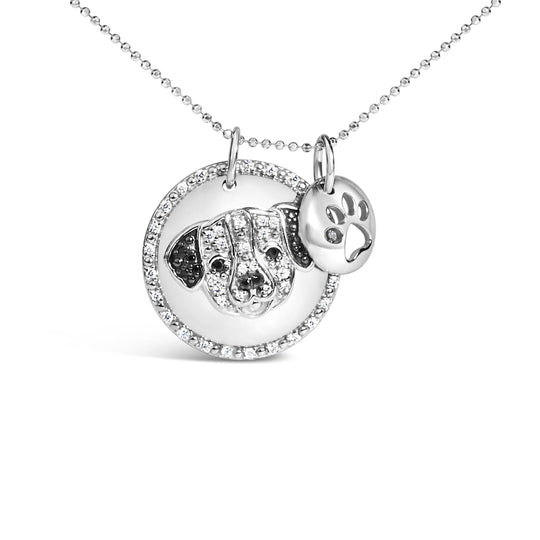 .925 Sterling Silver 1/4 Cttw White and Black Diamond Pitbull Dog Medallion and Charm 18" Pendant Necklace (I-J Color, I2-I3 Clarity)-0