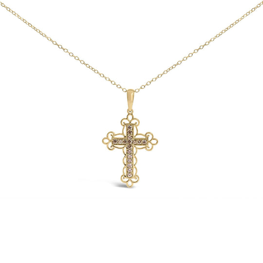 10K Yellow Flashed .925 Sterling Silver 1/4 Cttw Champagne Diamond Filigree Cross Pendant Necklace (K-L Color, I1-I2 Clarity) - 18"-0