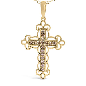 10K Yellow Flashed .925 Sterling Silver 1/4 Cttw Champagne Diamond Filigree Cross Pendant Necklace (K-L Color, I1-I2 Clarity) - 18