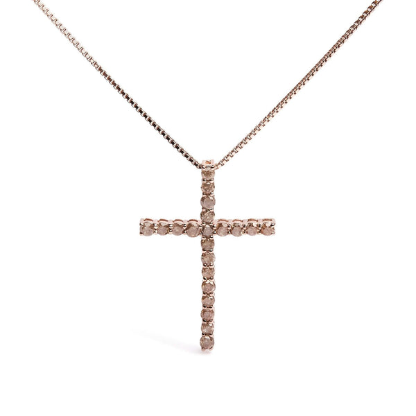 .925 Sterling Silver 1.0 Cttw Champagne Diamond Gold Cross Pendant Necklace for Women (Champagne Color, I1-I2 Clarity)- 18 inch