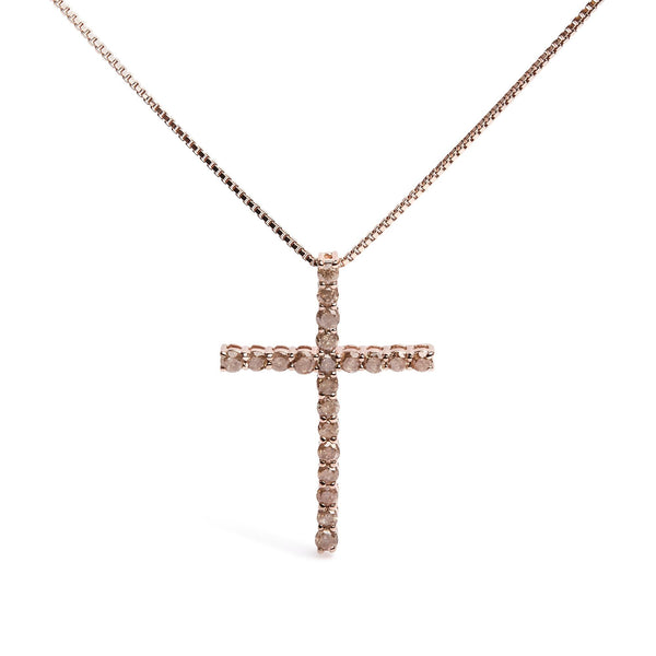 .925 Sterling Silver 1.0 Cttw Champagne Diamond Gold Cross Pendant Necklace for Women (Champagne Color, I1-I2 Clarity)- 18 inch