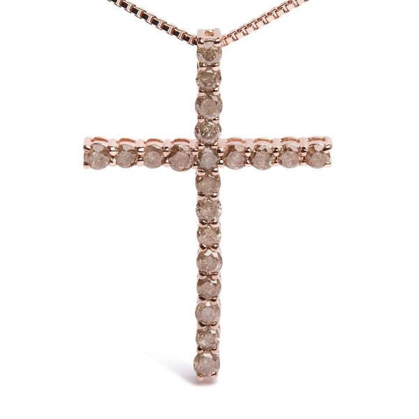 .925 Sterling Silver 1.0 Cttw Champagne Diamond Gold Cross Pendant Necklace for Women (Champagne Color, I1-I2 Clarity)- 18 inch