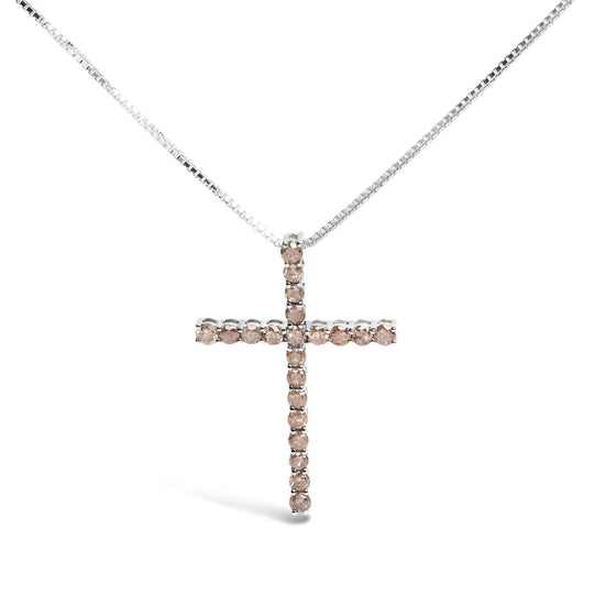 .925 Sterling Silver 1.0 Cttw Champagne Diamond Gold Cross Pendant Necklace for Women (Champagne Color, I1-I2 Clarity)- 18 inch-0