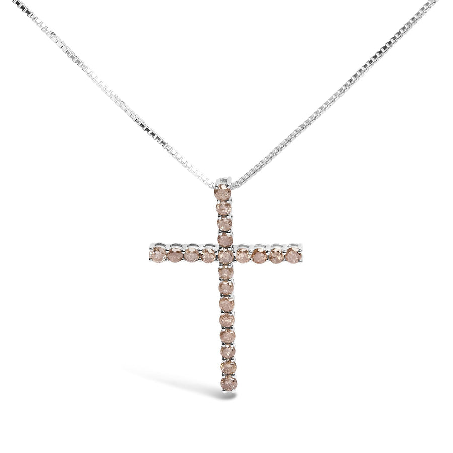 .925 Sterling Silver 1.0 Cttw Champagne Diamond Gold Cross Pendant Necklace for Women (Champagne Color, I1-I2 Clarity)- 18 inch