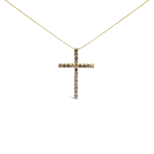.925 Sterling Silver 1.0 Cttw Champagne Diamond Gold Cross Pendant Necklace for Women (Champagne Color, I1-I2 Clarity)- 18 inch