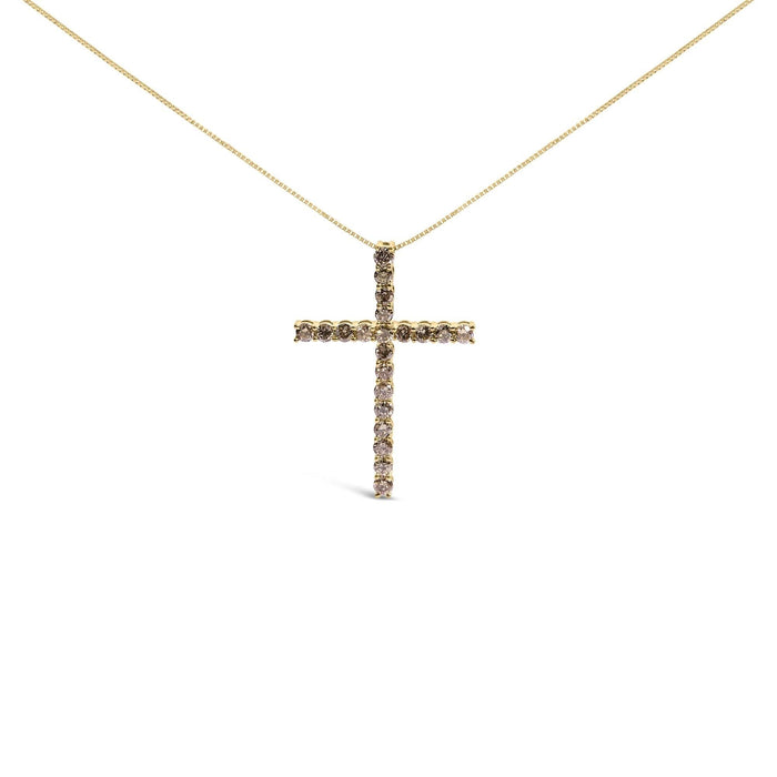 .925 Sterling Silver 1.0 Cttw Champagne Diamond Gold Cross Pendant Necklace for Women (Champagne Color, I1-I2 Clarity)- 18 inch