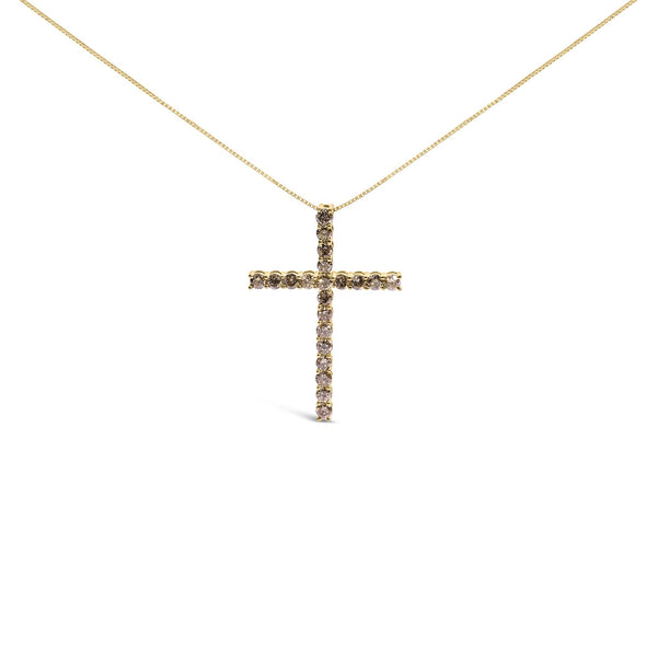 .925 Sterling Silver 1.0 Cttw Champagne Diamond Gold Cross Pendant Necklace for Women (Champagne Color, I1-I2 Clarity)- 18 inch
