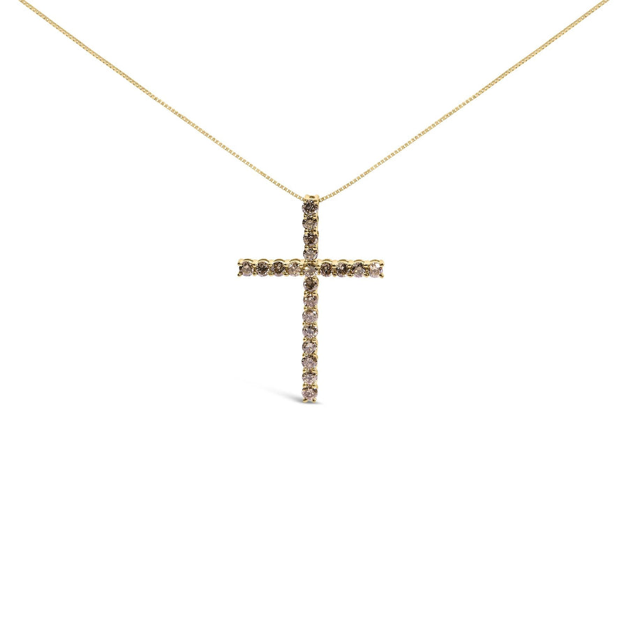 .925 Sterling Silver 1.0 Cttw Champagne Diamond Gold Cross Pendant Necklace for Women (Champagne Color, I1-I2 Clarity)- 18 inch