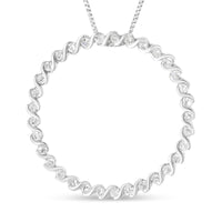 .925 Sterling Silver 3/4 Cttw Round Diamond Spiral Curved Circle Pendant 18