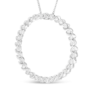 .925 Sterling Silver 3/4 Cttw Round Diamond Spiral Curved Circle Pendant 18