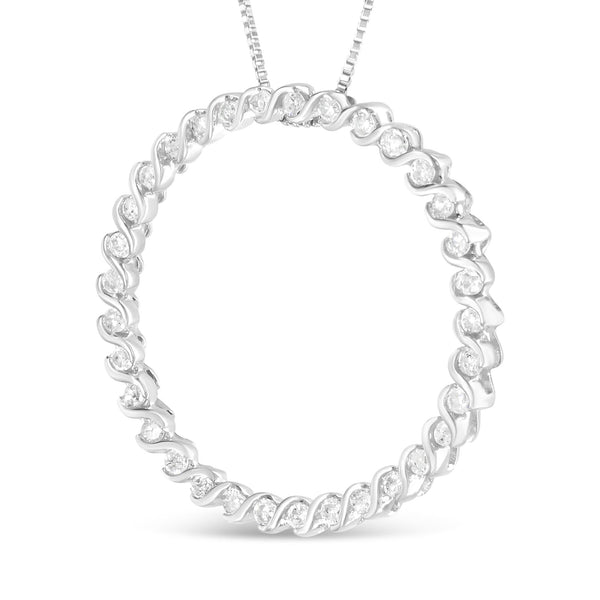 .925 Sterling Silver 3/4 Cttw Round Diamond Spiral Curved Circle Pendant 18