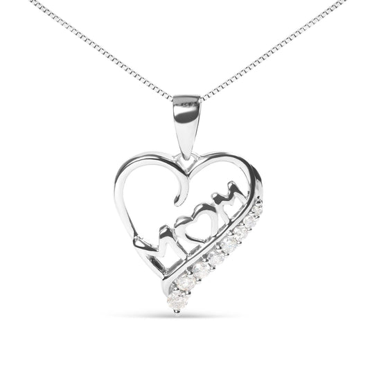 .925 Sterling Silver 1/4 Cttw Diamond  "Mom" and Open Heart 18" Pendant Necklace (I-J Color, I2-I3 Clarity)-0