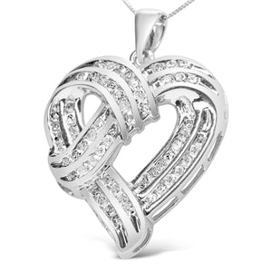 .925 Sterling Silver 1 1/4 Cttw Round Diamond Openwork Ribbon Weave Heart Pendant 18