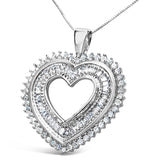 .925 Sterling Silver 1.0 Cttw Baguette and Round Diamond  Heart Pendant 18