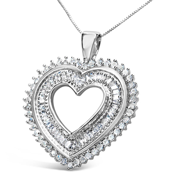 .925 Sterling Silver 1.0 Cttw Baguette and Round Diamond  Heart Pendant 18