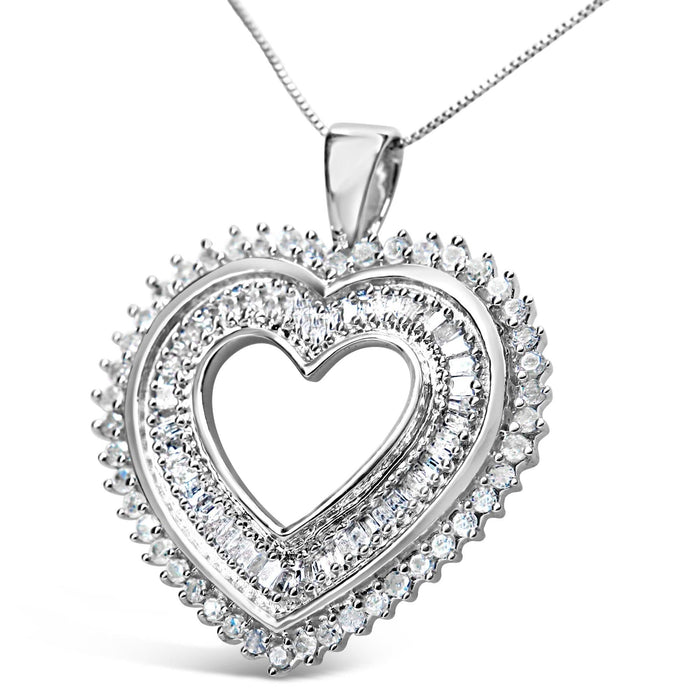 .925 Sterling Silver 1.0 Cttw Baguette and Round Diamond  Heart Pendant 18