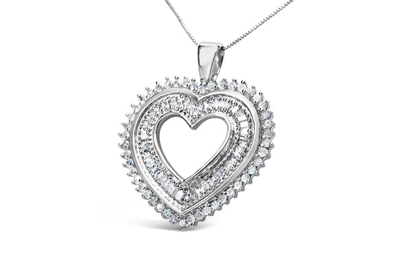 .925 Sterling Silver 1.0 Cttw Baguette and Round Diamond  Heart Pendant 18