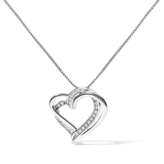 925 Sterling Silver 1/10ct TDW Diamond Double Heart Pendant Necklace-0