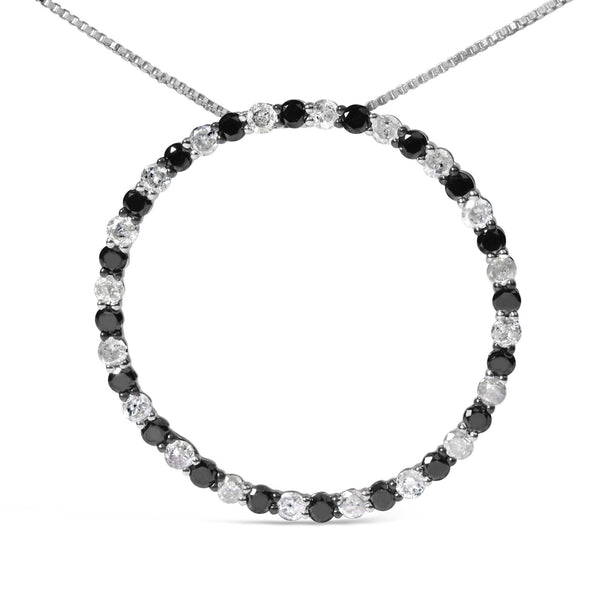 .925 Sterling Silver 2.0 Cttw Alternating Black and White Diamond Open Hoop Circle Pendant Necklace (H-I Color, I2-I3 Clarity) - 18