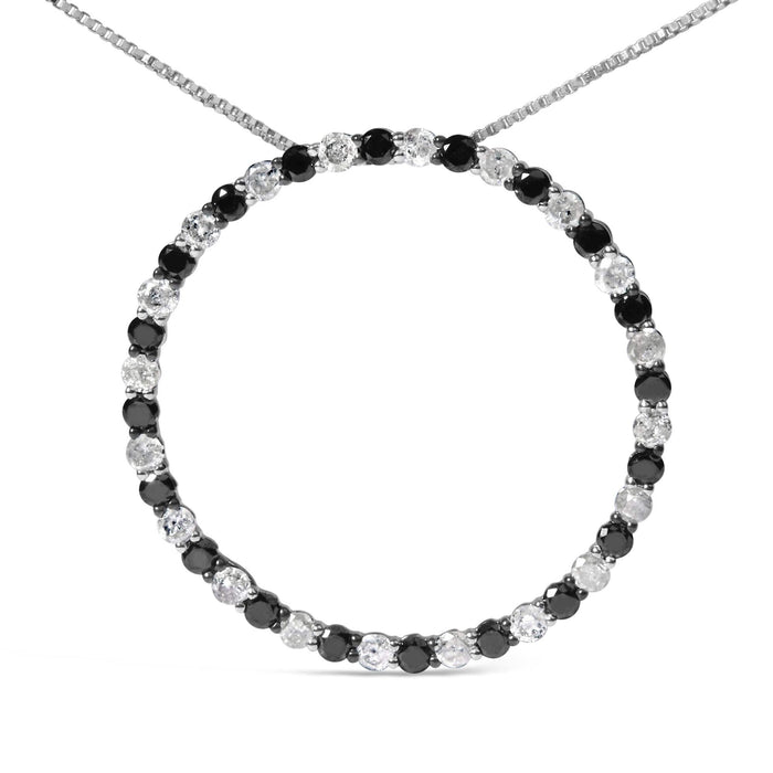 .925 Sterling Silver 2.0 Cttw Alternating Black and White Diamond Open Hoop Circle Pendant Necklace (H-I Color, I2-I3 Clarity) - 18