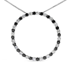 .925 Sterling Silver 2.0 Cttw Alternating Black and White Diamond Open Hoop Circle Pendant Necklace (H-I Color, I2-I3 Clarity) - 18