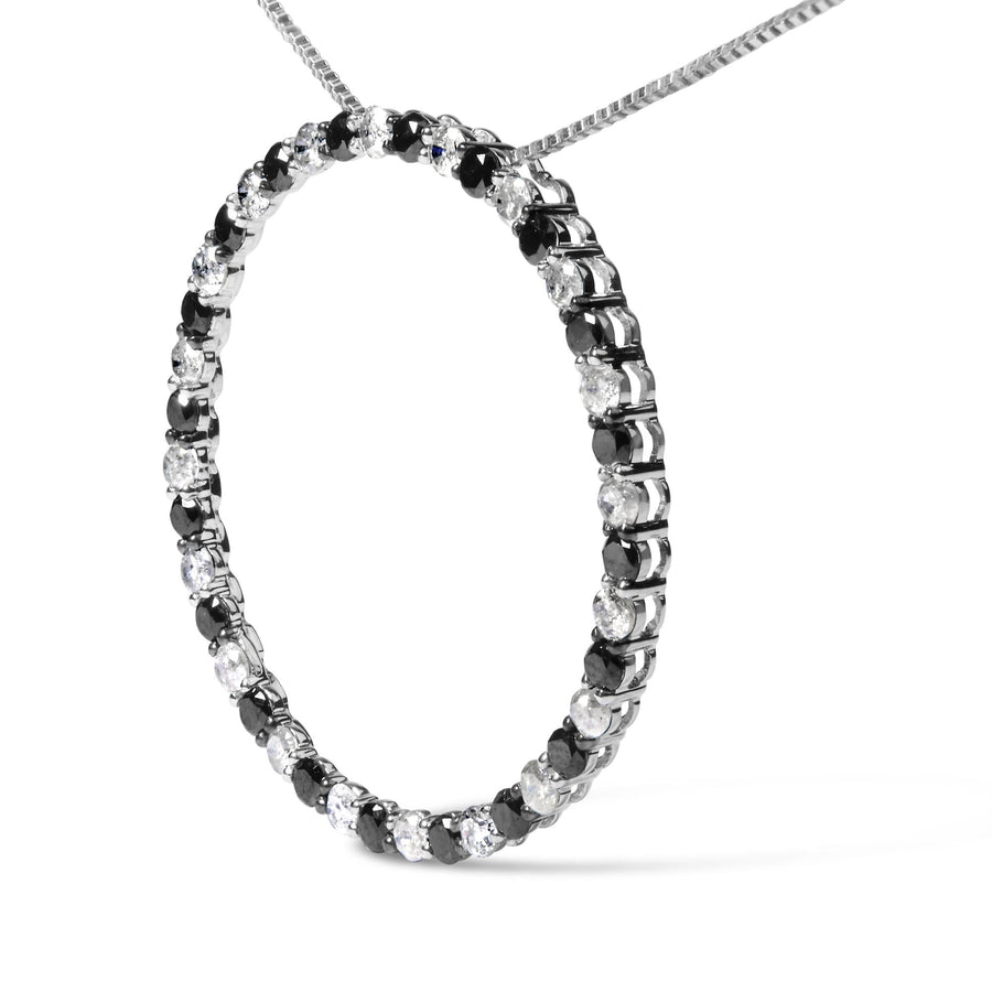 .925 Sterling Silver 2.0 Cttw Alternating Black and White Diamond Open Hoop Circle Pendant Necklace (H-I Color, I2-I3 Clarity) - 18