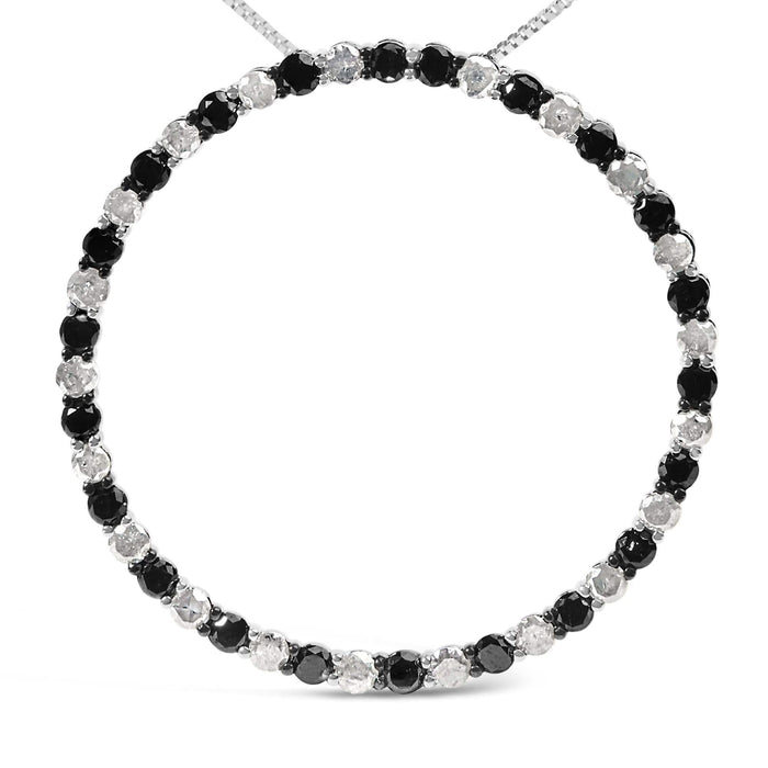 .925 Sterling Silver 3.0 Cttw Alternating Black and White Diamond Open Hoop Circle Pendant Necklace (H-I Color, I3 Clarity) - 18