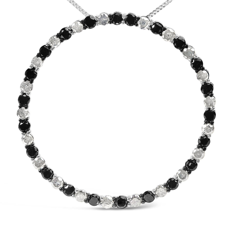 .925 Sterling Silver 3.0 Cttw Alternating Black and White Diamond Open Hoop Circle Pendant Necklace (H-I Color, I3 Clarity) - 18