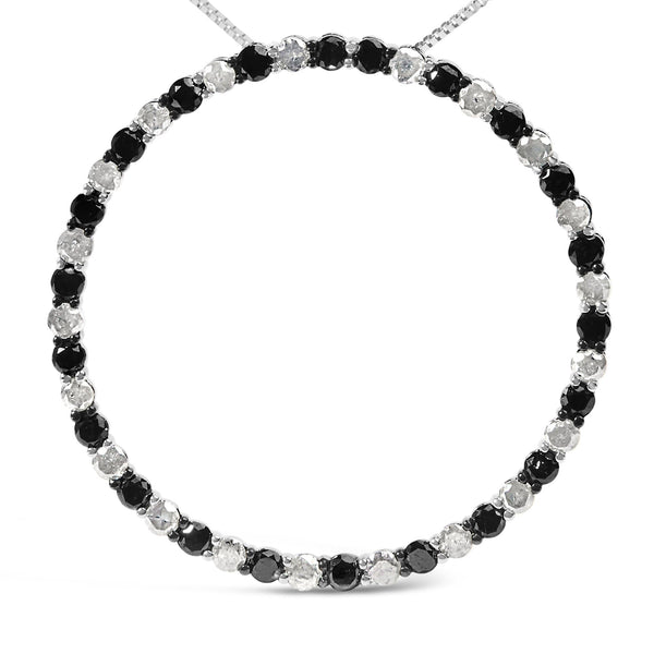 .925 Sterling Silver 3.0 Cttw Alternating Black and White Diamond Open Hoop Circle Pendant Necklace (H-I Color, I3 Clarity) - 18