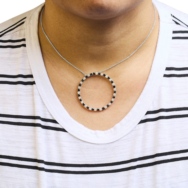 .925 Sterling Silver 3.0 Cttw Alternating Black and White Diamond Open Hoop Circle Pendant Necklace (H-I Color, I3 Clarity) - 18