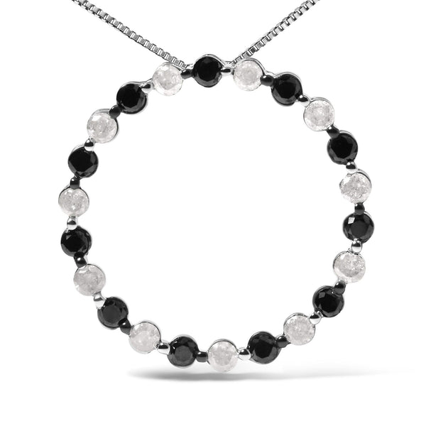 .925 Sterling Silver 1 3/4 Cttw Alternating Black and White Diamond Open Circle Hoop Pendant Necklace (H-I Color, I2-I3 Clarity) - 18