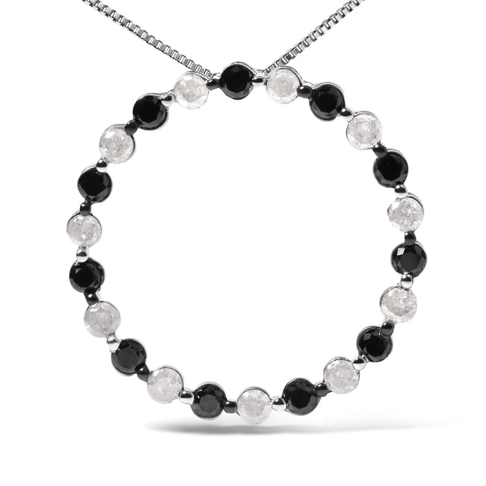 .925 Sterling Silver 1 3/4 Cttw Alternating Black and White Diamond Open Circle Hoop Pendant Necklace (H-I Color, I2-I3 Clarity) - 18